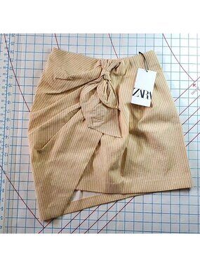 Zara Mini Draped Skirt Women's Size Small New Asymmetrical Golden Khaki Stripe